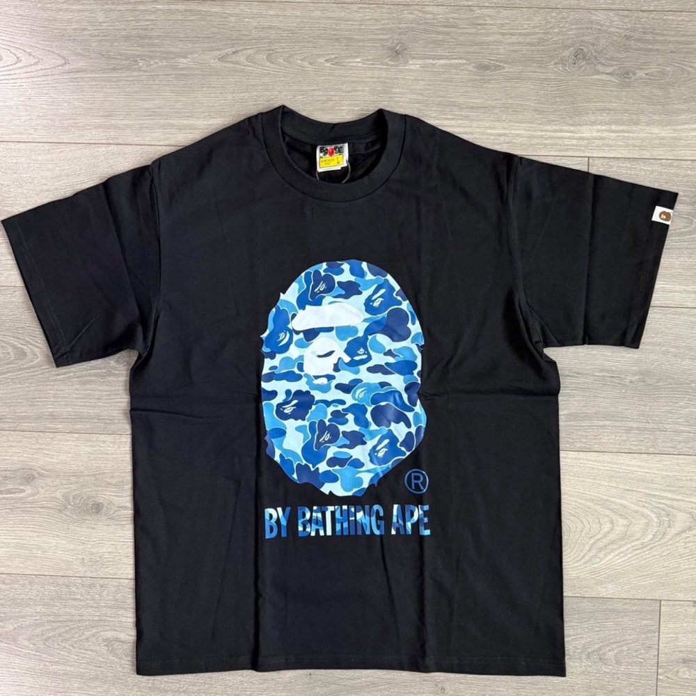 Bape Black Tee with Blue Camo Ape Head Graphic